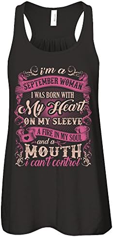 TeeCentury Women's I Am A September Woman I Was Born With My Heart On My Sleeve Shirt Bella Canvas - Flowy Racerback Tank (Black, M)
