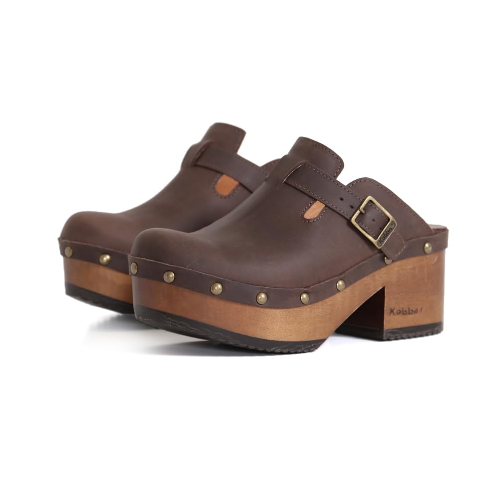 Photo 1 of Kebba - Donna - Handmade Platform Clogs with Genuine Leather, Adjustable Buckle, and Leather Insole for Comfort (Donna Crazy Wild Cacao, US Footwear Size System, Adult, Women, Numeric Range, Medium, 9, 9.5)