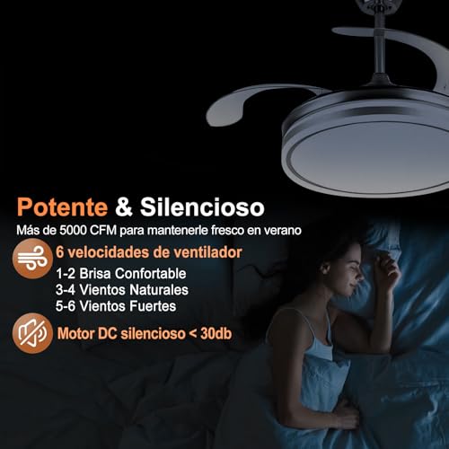 Ventilador de Techo Retráctil con Luz LED Regulable, 6 Velocidades, Kits de Luces de Techo Interiores con Ventiladores