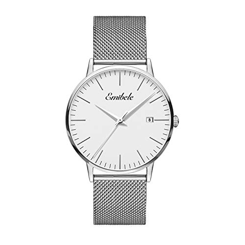 Emibele Mens Quartz Watch, Business Casual Fashion Waterproof 50M Water Resistant Quartz Wristwatch with Metal Mesh Band and Calendar Date Window for Men - Silver Dial + Silver Band