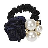 Sunward Rose Flower Pearl Beads Elastic Hair Rope Band Scrunchie Ponytail Holder (Navy)