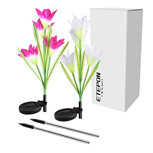 ETEPON Waterproof Solar Flowers Lights Outdoor Garden Stake Decoration Multi-Color Changing LED Lights with 2 Pack 8 Lily Flowers for Garden, Patio,Path, Yard, Lawn (7 Colors Changing) - Thumbnail 6