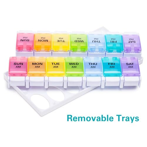 Sukuos AM PM Weekly Pill Organizer 2 Times A Day, Large Daily Pill Box Case 7 Day with Easy Push Button Design, Detachable Medicine Holder for Vitamin/Fish Oil/Supplements (Rainbow)