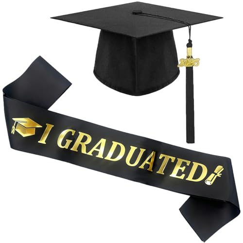 Bachelor Hat Set Graduation Hat with Sash, Adjustable Graduation Hat, Black Graduation Hat Tassel Date Pendant 2026, Graduation Decoration Student Hat for University, Graduation Gift for Graduation Party