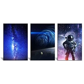 3 Panel Canvas Wall Art - Space Theme with The Universe and Science Fiction Style Astronaut - Giclee Print Gallery Wrap Modern Home Art Ready to Hang - 16"x24" x 3 Panels