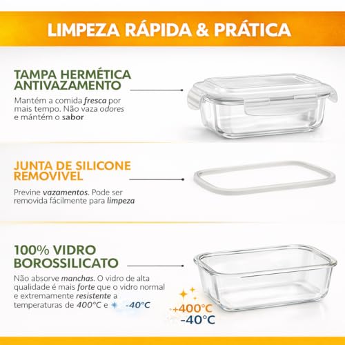 Kit 10 Potes de Vidro Hermético 640ml com Travas – Borossilicato Resistente, Tampa com Vedação em Silicone, BPA Free, Vai ao Microondas, Forno, Freezer e Lava-louças – Marmitas Saudáveis