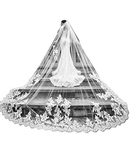 Fenghuavip Cathedral Veils for Brides Wedding 5 Meters 2T Lace Appliques Blusher Veil with Comb (ivory, 4 M)