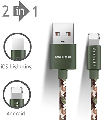 POFAN Nylon Braided Universal USB to Lightning + Micro USB Cable for both Apple and Android Phones (2-in-1 integrated interface) (Green Camouflage 3.9ft)