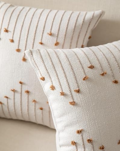 Cushion covers, Boho Throw Pillow Covers 45x45cm Set of 2, Decorative Pillows for Bed, Throw Pillows for Modern Farmhouse Couch Sofa Living Room Outdoor (Beige with Brown Line)