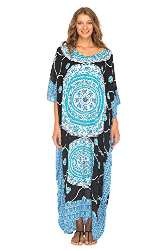 Womens Long Kaftan Beach Cover Up Ethnic Dresses Loose Casual V-Neck Mandala Maxi Dress with Sequins