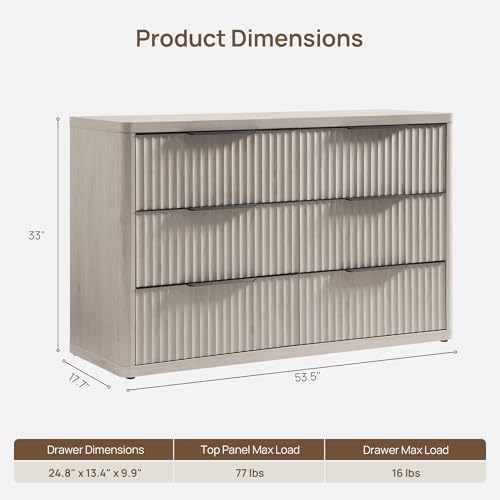 SICOTAS Dresser for Bedroom 107" Wide 6 Drawer Dressers & Chests of Drawers for Closet Long Large Modern TV Stand Set for Clothes Storage Fluted Wide Clothes Closet for Hallway Entryway, White Alder