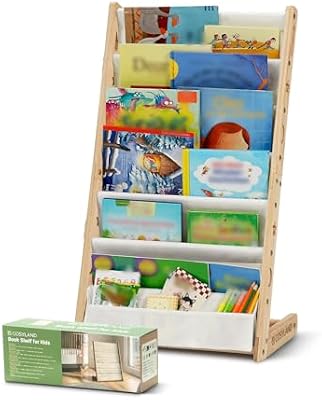 Bibliotheque Enfant en Bois Massif à 7 Niveaux - Etagere de Rangement pour Livres - Présentoir Livres Bebe avec Design Stable - Meuble Montessori pour Chambre d’Enfant (42.5 cm, Naturel)