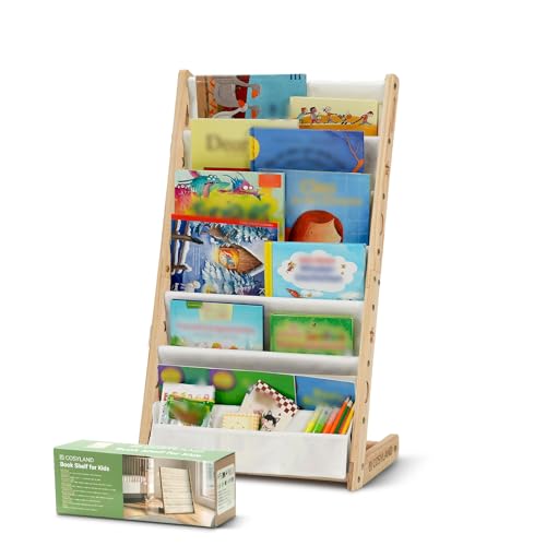 Bibliotheque Enfant en Bois Massif à 7 Niveaux - Etagere de Rangement pour Livres - Présentoir Livres Bebe avec Design Stable - Meuble Montessori pour Chambre d’Enfant (42.5 cm, Naturel)