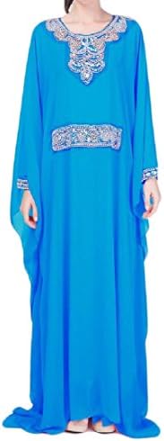 ColourfulWomen Colourful Womens Sequin Gown Girls Muslim jalabiyas Double-Layer Bat Sleeve Maxi Dress Blue OS