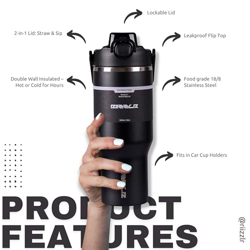 RIIZZLR® 1000ml Insulated Water Bottle Tumbler with 2-in-1 Straw & Sip Lid – Stainless Steel Vacuum Flask, Double Wall, BPA-Free, Leakproof, Wide Mouth, Keeps Drinks Hot 12H / Cold 24H (Black)