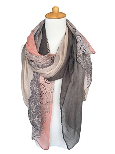 GERINLY Lightweight Scarves: Fashion Lace Print Shawl Wrap For Women (DarkGrey+LightPink)