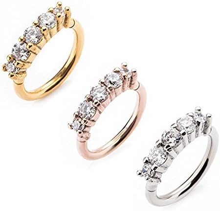 Qiaoying 3Pcs Out Facing 5 CZ Gem Split Nose Cartilage Piercing Rings Hinged Segment Rings with Prong Set