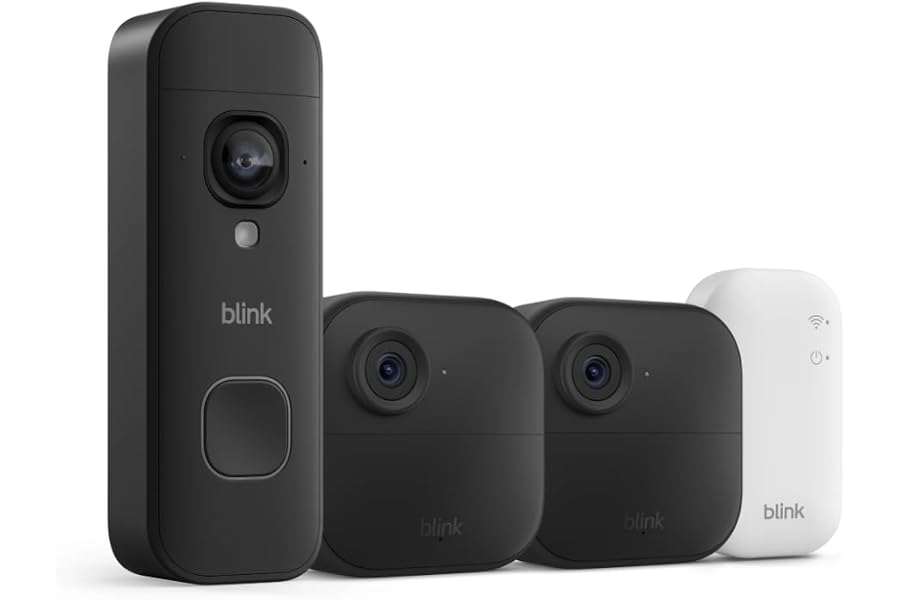 Blink Outdoor 4 and Battery Doorbell 2K+ (newest model) — Two-year battery 1080p cameras and 2K battery doorbell. Sync Module Core included — 2 Cameras + Doorbell (Black)