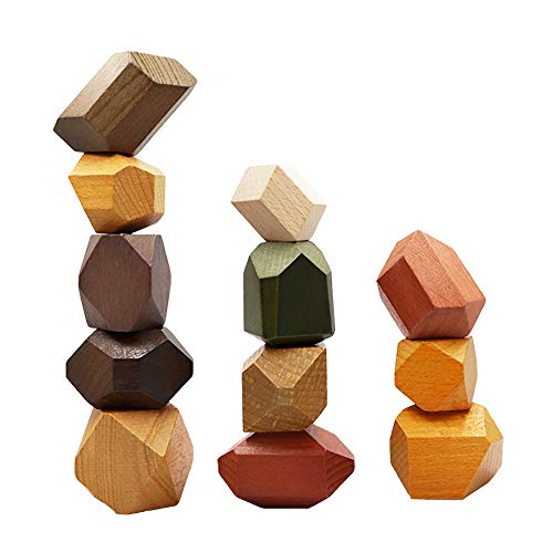 Natural Wooden Blocks Colored Wooden Stones Stacking Game Educational Puzzle Preschool Toy (Large Size (12PCS))