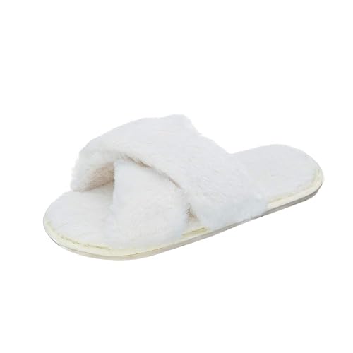 White Cross Slippers Fuzzy Fluffy Faux Fur House SPA Cute Open Toe