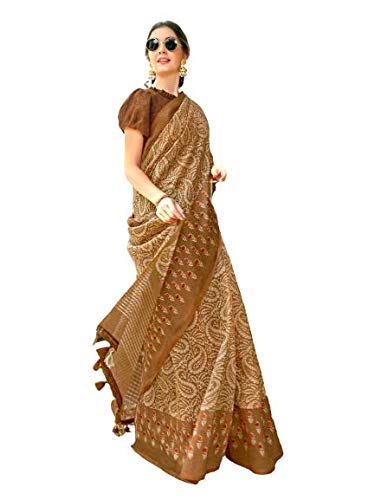 Womens cotton unique prints saree with small gold jerry border with Unstitched designer blouse piece [ Trivini 5]