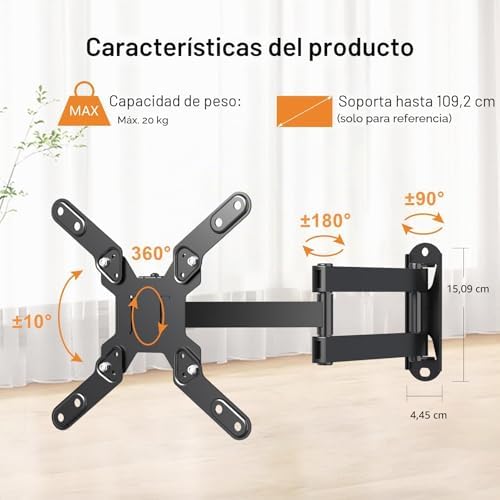 Soporte de Pared para TV, Soporte Giratorio para TV con Brazo articulado, extensión de inclinación y rotación para la mayoría de monitores LED, LCD y TVs de Plasma de 13-42 Pulgadas, hasta 20