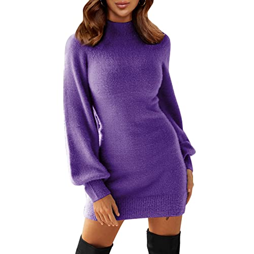 Purple Cute Turtleneck Dresses Women Turtleneck Long Sleeve Knit
