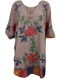 Mogul Women's Caftan Dress Coverup Tie-Dye Embroidered Brown Tie Neck Kaftan Dresses OS
