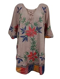 Women's Caftan Dress Coverup Tie-Dye Embroidered Brown Tie Neck Kaftan Dresses OS