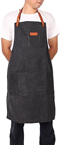WEEYI Duck Canvas Work Apron with Detachable Genuine Leather Straps 3 Big Pockets Durable Water-resistant for Bar Cafe BBQ (Black)