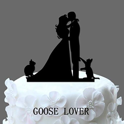 GOOSE LOVER(TM) Wedding Cake Topper Bride And Groom Silhouette With Two Cats, Pets Cake Topper, Couple Funny Topper, Kissing Couple Topper