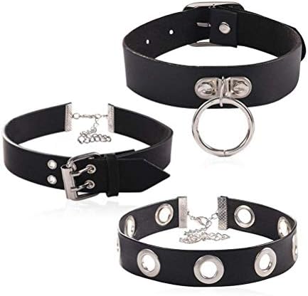 BEINY 3 PCS Black Gothic Punk PU Leather Choker Necklace Collar Hoop Chain Set Classic with Charms for Women Girls (3 PCS A SET)