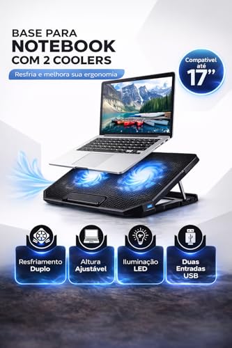 Base Suporte para Notebook até 17" com Cooler Duplo Ultra Silencioso, LED Azul, 8 Níveis de Altura, USB Extra – Refrigeração Potente e Conforto Ergonômico