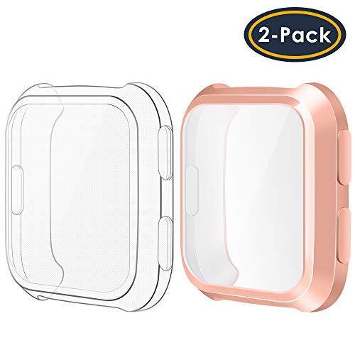 QIBOX Compatible Fitbit Versa Case (2-Pack), TPU Plated Screen Protector Rugged Cover [Scratch-Proof] All-Around Protective Bumper Shell Compatible Fitbit Versa Smartwatch