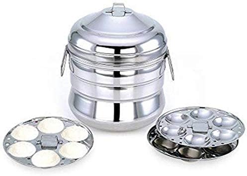 Jagani Steels Induction Base Idly Panai Idli Cooker With 3 Idly Plates 3 Plates / 18 Idlis Silver