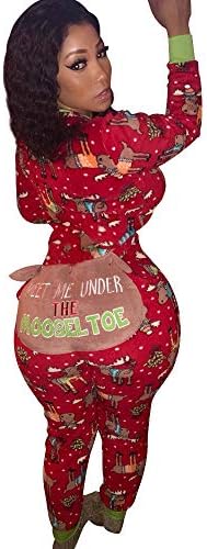 Fashion Women Long Sleeve Christmas Zipper Jumpsuit Onesie Pajamas Funny Letter on The Bottom Club Party (Red, L)
