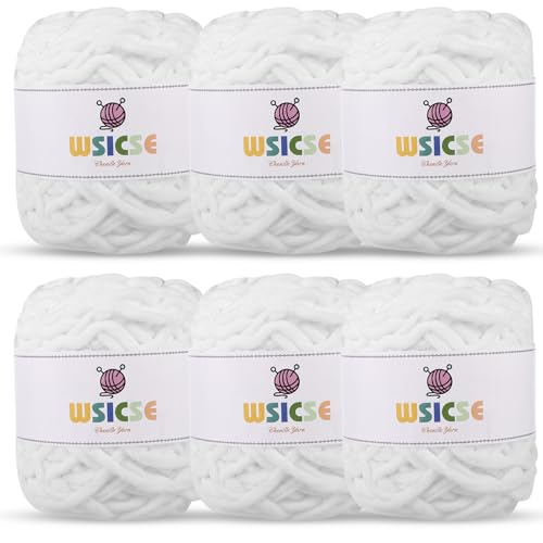 WSICSE Chenille Fluffy Yarn, Thick Chunky Blanket Yarn for Crocheting & Knitting, Plush Soft DIY Craft, 6 Pack 100g Each 3.5 oz 55 Yards(White)