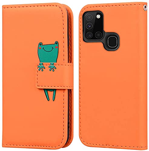 LUKASI for Samsung Galaxy A21S Phone Case, Cartoon Pattern Folding Stand PU Leather Wallet Flip Cover with TPU Inner Shell, Card Slots, Magnetic Closure (Samsung Galaxy A21S-Orange)