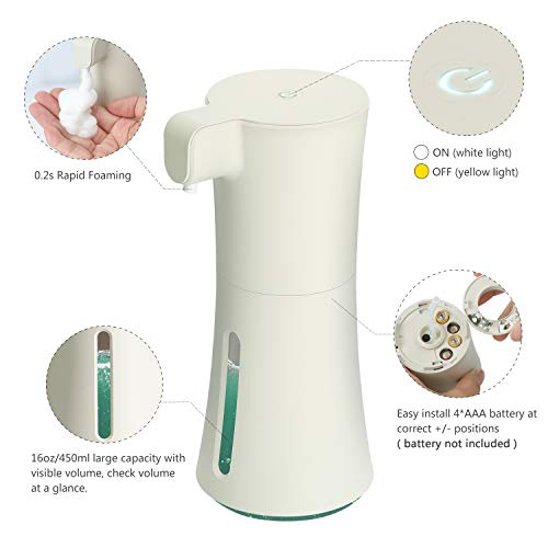 HuaQi Automatic Foaming Soap Dispenser 16oz/450ml Infrared Motion Sensor Premium Touchless Battery Operated Electric Automatic Foam Soap Dispenser for Bathroom Kitchen Office Hotel (Beige, 16oz/450ml)