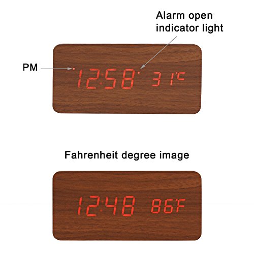 KABB Digital Clock, Wooden Alarm Clock, LED Desk Shelf Clock with Triple Alarms Calender Temperature Display and Voice Control Travel Clock for Office Home Decor (6 Inches) - Thumbnail 2