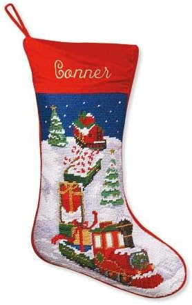 Stockings & Holders - Lillian Vernon Train Personalized Heirloom Needlepoint Christmas Stocking - Wool with Cotton, 9 1/2