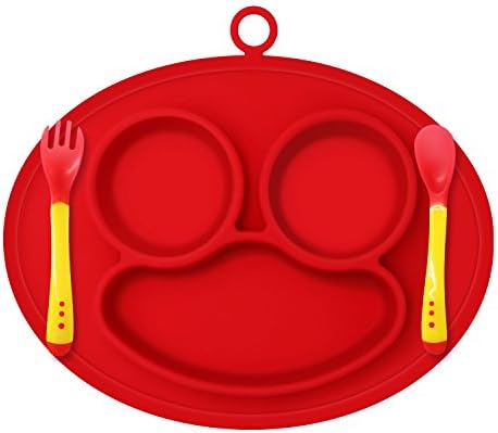 Red Silicone Baby Placemat Suction Plates with Baby Spoon and Fork for Toddlers, Children, Kids, Kitchen Dining Table Highchair Feeding Trays