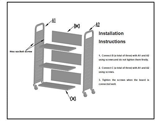 Heavy Duty Book Carts with 3 Single-sided Book Shelves, Rolling Book Storage Rack with Lockable Wheels 200lbs Capacity (Grey) - Thumbnail 6