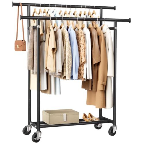 HYSEYY Double Rods Clothing Rack, Rolling Clothes Rack for Hanging Clothes, Portable Garment Rack with Wheels, Coat Rack Wardrobe Closet Load 240 LBS for Bedroom, Laundry Room