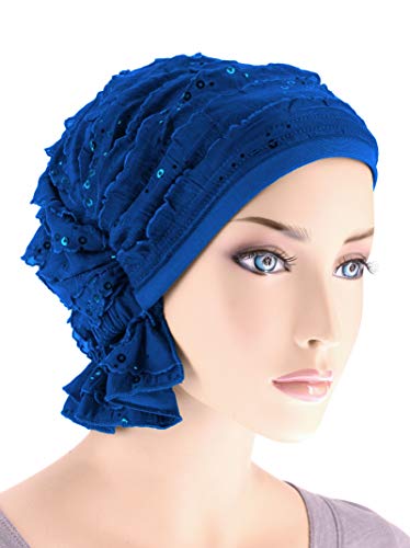 Abbey Cap Womens Chemo Hat Beanie Scarf Turban Headwear for Cancer Ruffle Royal Blue Sequin