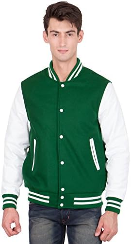 Caliber India White Leather Sleeves &amp; Kelly Green Wool Body Varsity Jacket-Men 2X-L