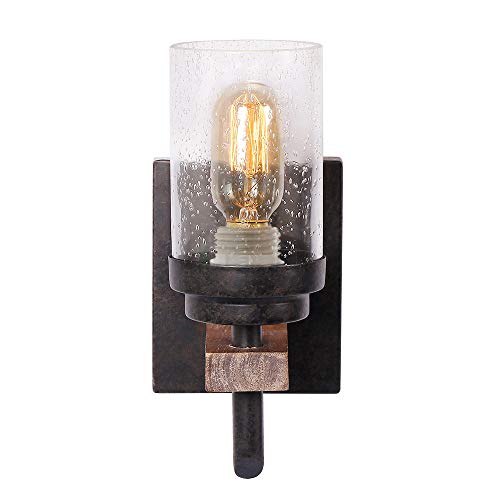 Eumyviv Rustic Wood Wall Sconce with Seeded Glass Shade, Vintage Industrial Hardwire Bathroom Light Log Cabin Home Retro Edison Wall Light Fixtures 1-Light, Black (17804)