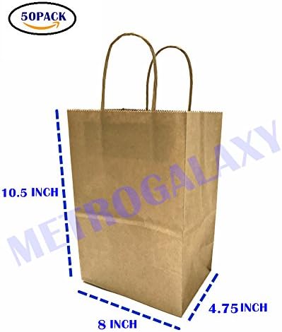 Metrogalaxy 8"X4.75"X10.5" Medium Kraft Paper Bags, Party Bags, Shopping Bags with Handles, Color: Brown Bags, 50PC