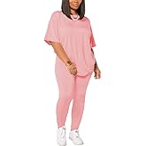 Women's Plus Size 2 Piece Outfits Summer Sweatsuits Drop Shoulder Tracksuits Biker Short Workout Jogger Sets Pink-5XL
