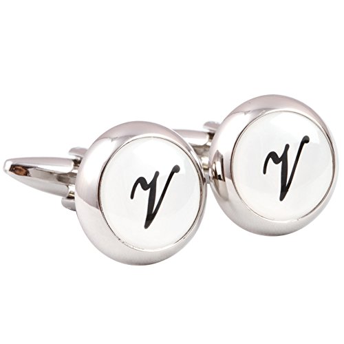 HJ Men's 2PCS Rhodium Plated Cufflinks Silver Initial Letter Shirt Wedding Business 1 Pair Set White V